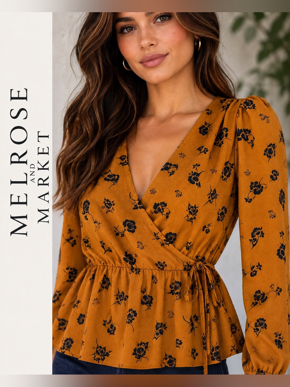 Melrose and Market Mustard Floral Wrap Peplum Blouse